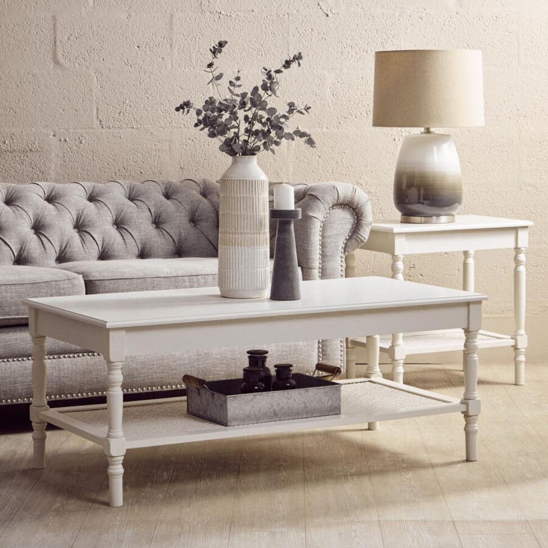 Loxley White Side Table with Cane Shelf
