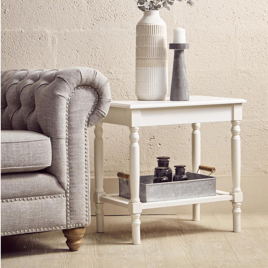 Loxley White Side Table with Cane Shelf