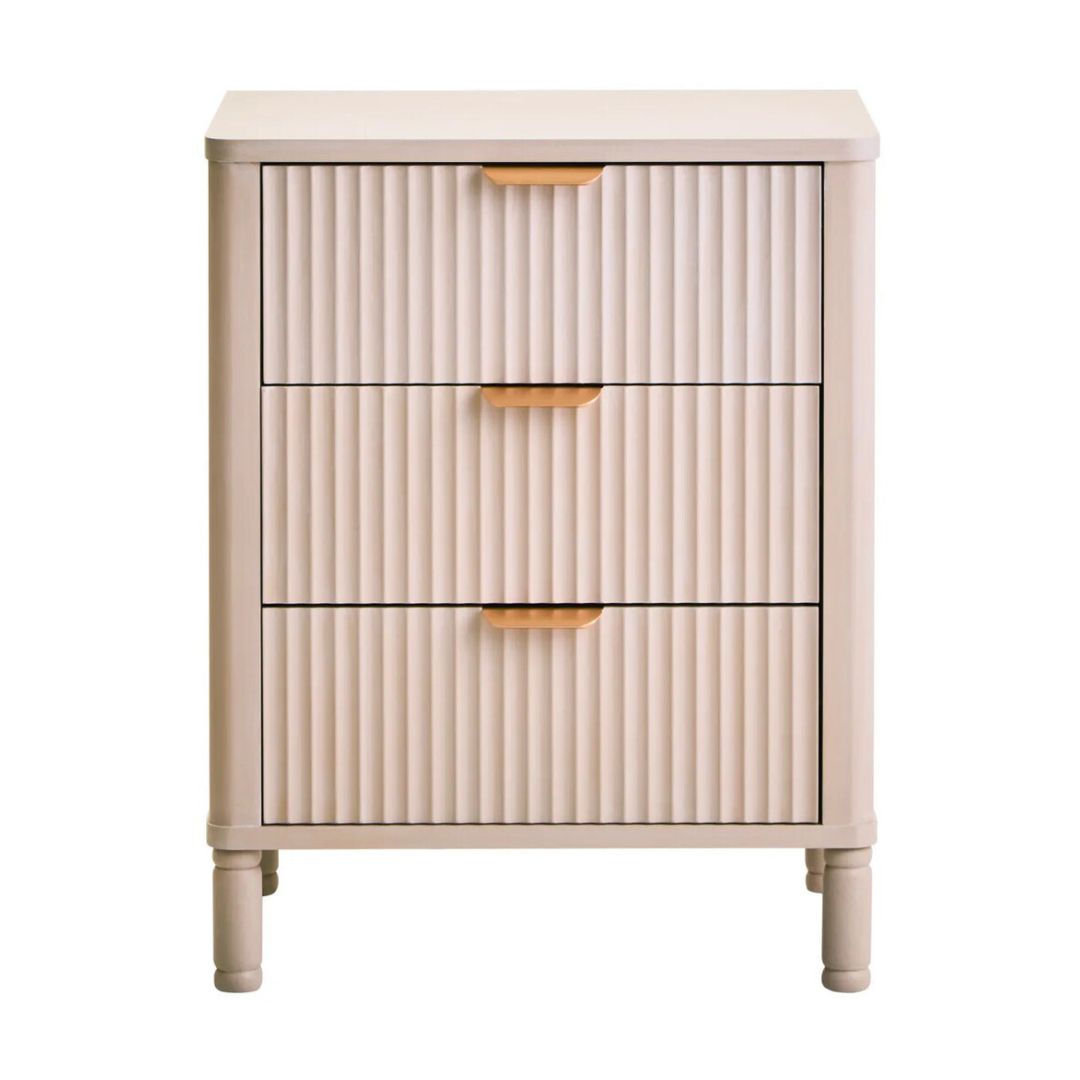 Beige nightstand with three drawers on a white background