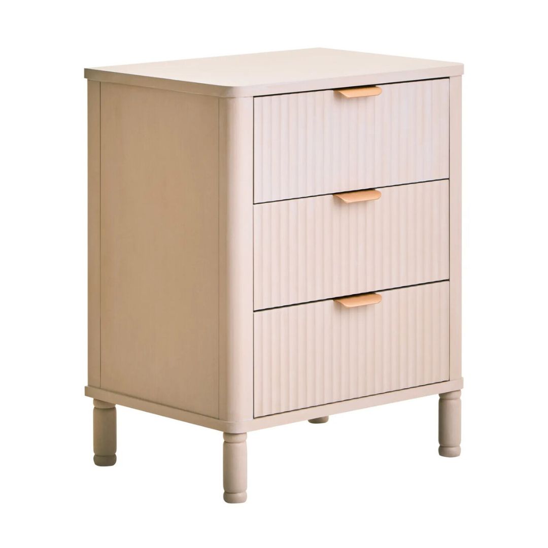 Beige nightstand with three drawers on a white background