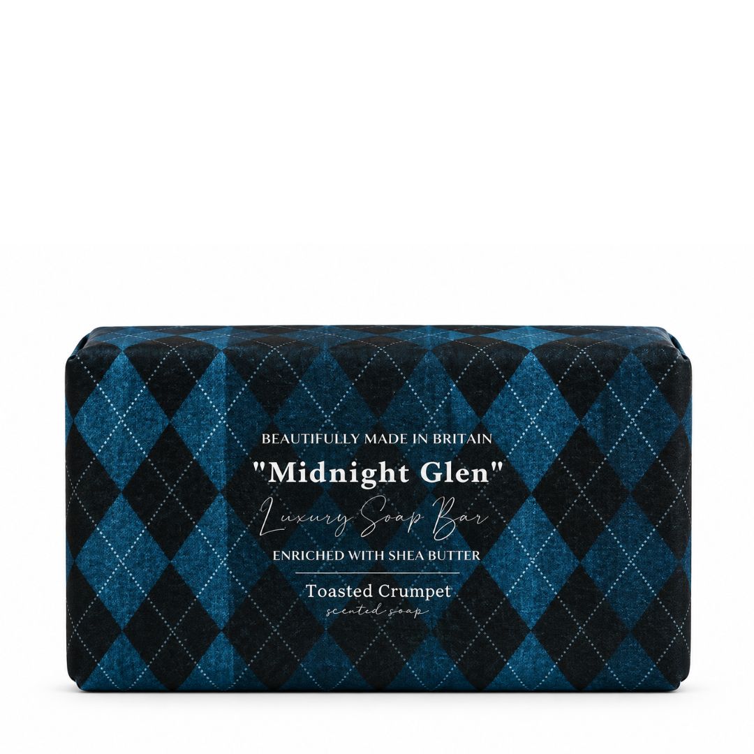 Midnight Glen luxury soap bar in navy blue diamond-patterned packaging