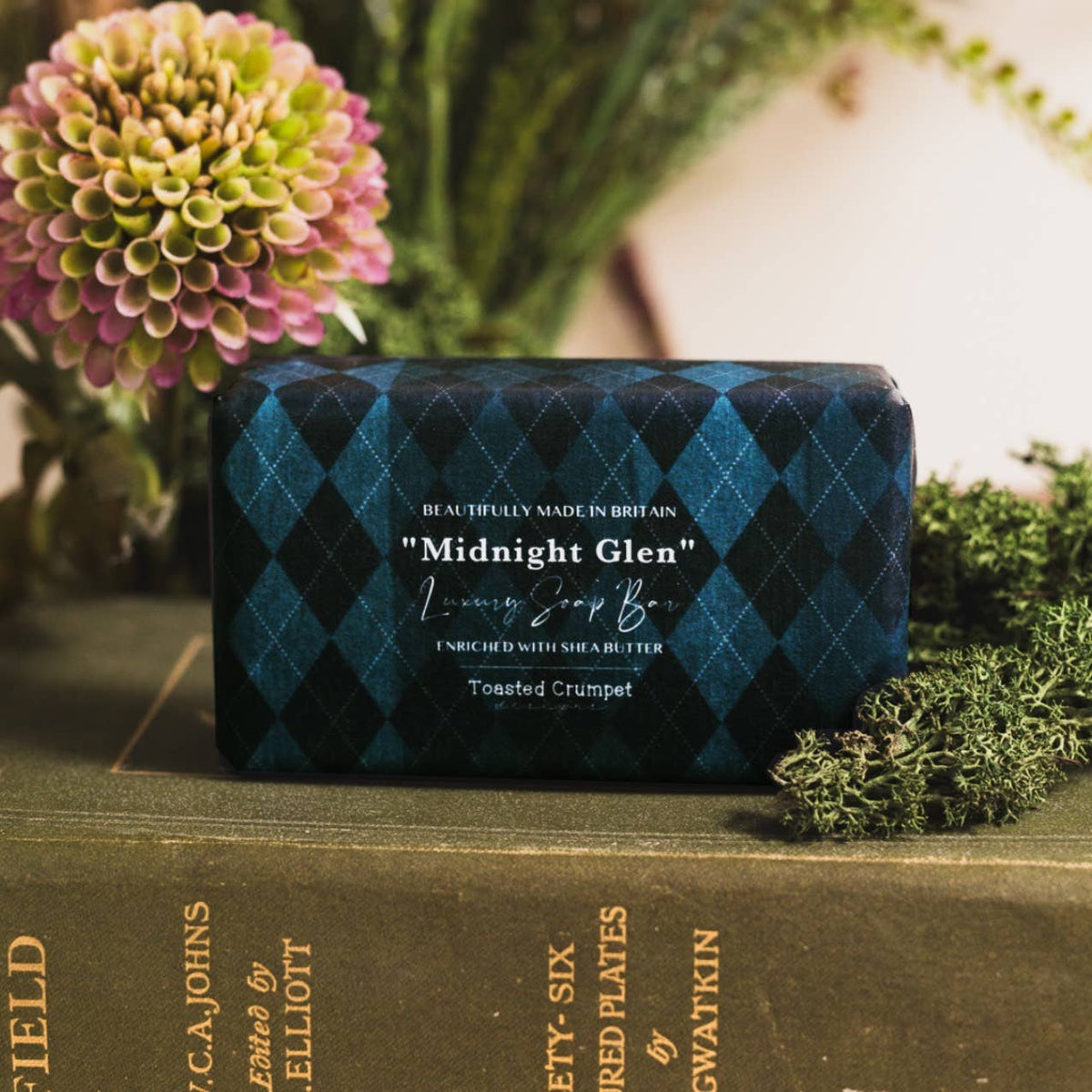 Midnight Glen luxury soap bar in navy blue diamond-patterned packaging