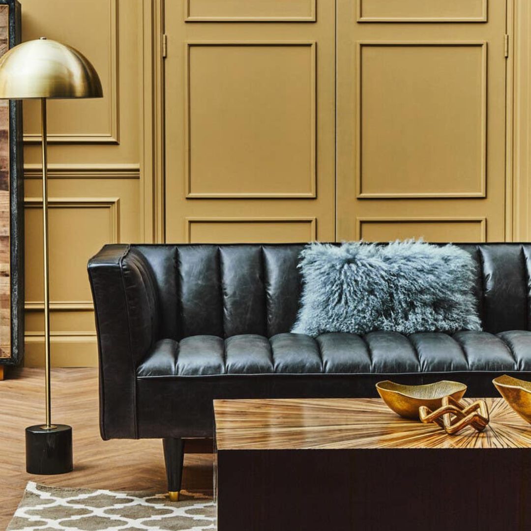 Montclair Black Genuine Leather 3-Seater Sofa with Flared Arms - INSIDE HOUSE