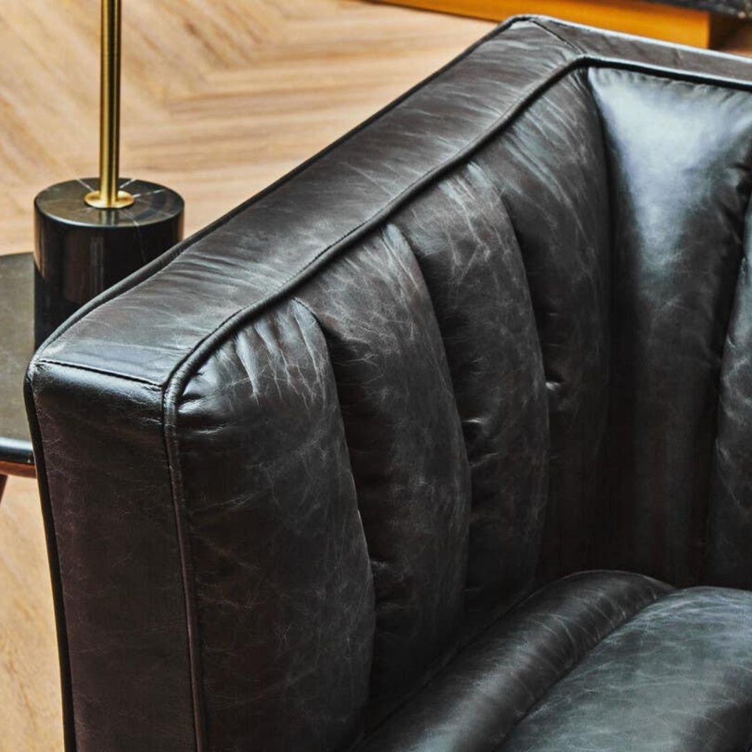 Montclair Black Genuine Leather 3-Seater Sofa with Flared Arms - INSIDE HOUSE