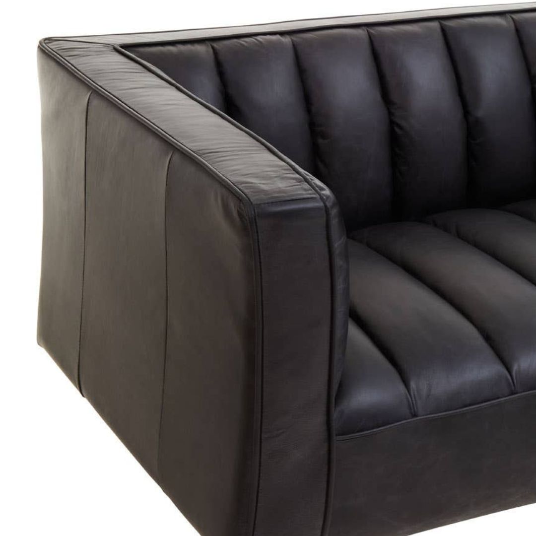 Montclair Black Genuine Leather 3-Seater Sofa with Flared Arms - INSIDE HOUSE