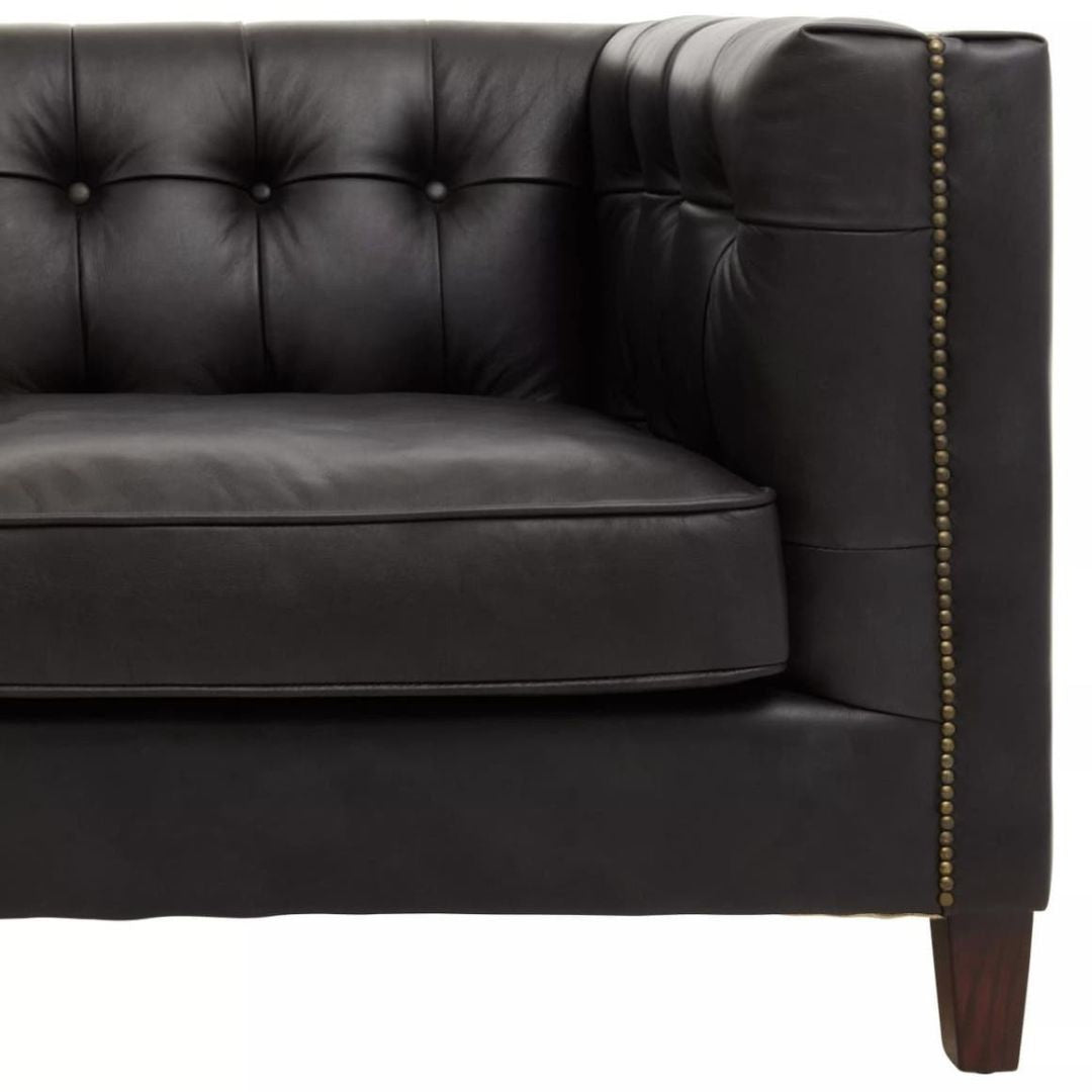 Montclair Mid-Century Black Genuine Leather 3-Seater Sofa - INSIDE HOUSE