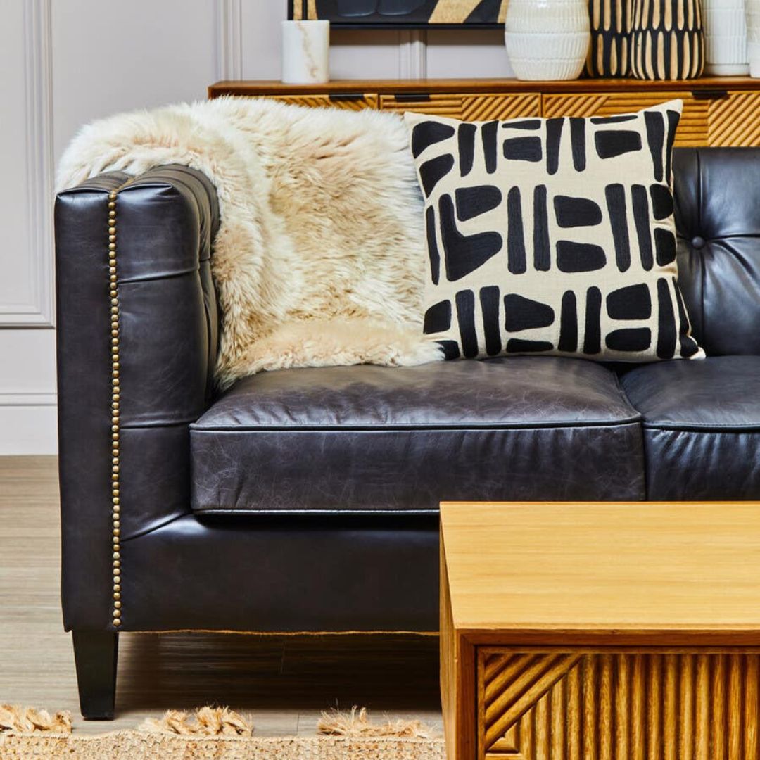 Montclair Mid-Century Black Genuine Leather 3-Seater Sofa - INSIDE HOUSE