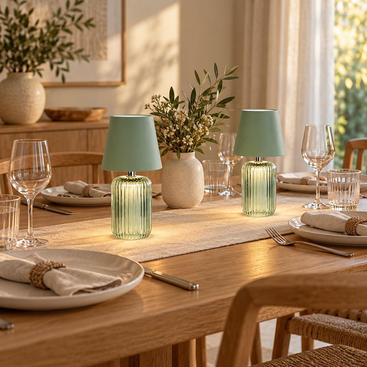 Two ribbed glass table lamps with sage green shades and clear bases, styled on a wooden dining table with plates, wine glasses, and a vase of greenery in a warm, sunlit room.