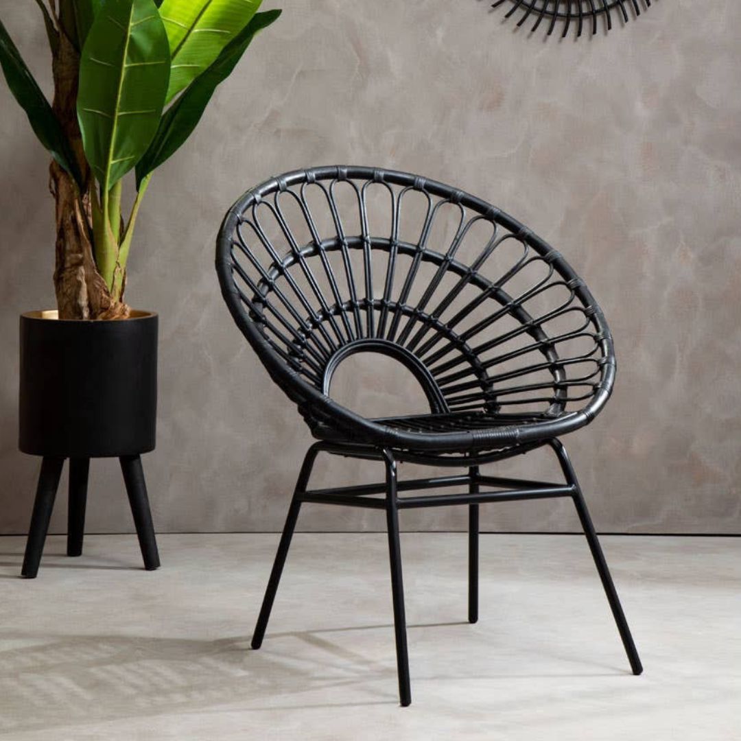 Savana Flared Back Black Rattan Chair – Metal Frame
