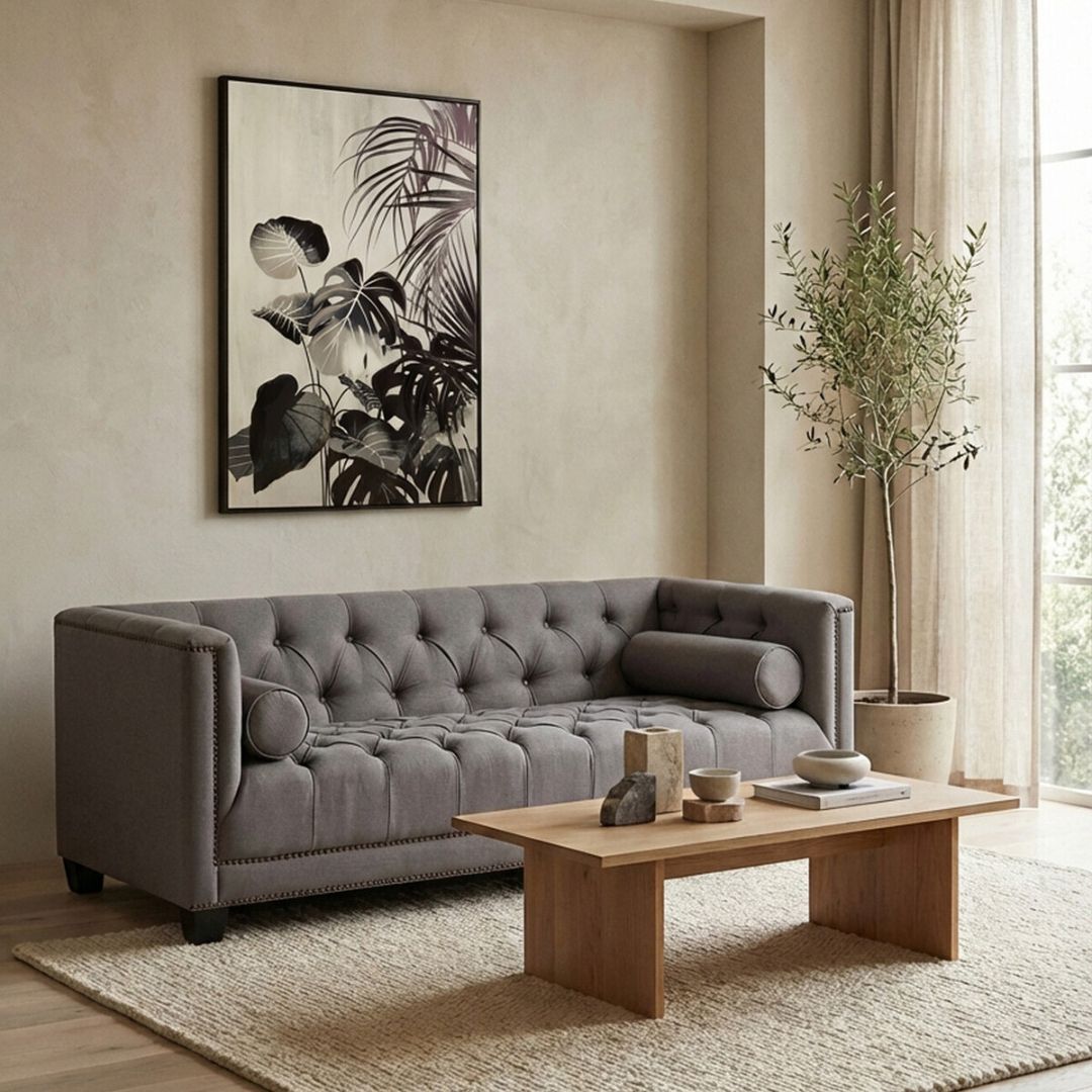 Sorella Grey Fabric Chesterfield 2-Seat Sofa - INSIDE HOUSE