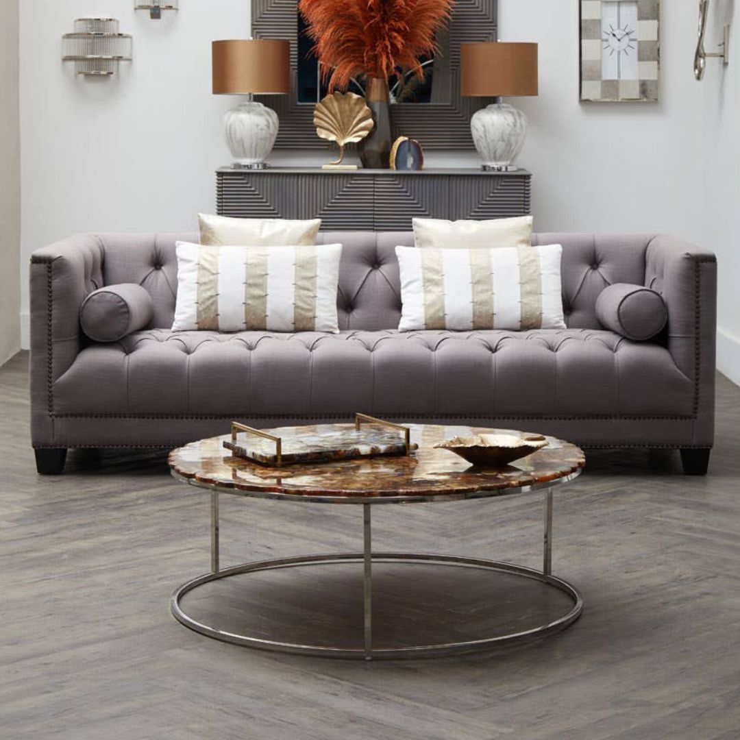 Sorella Grey Fabric Chesterfield 3-Seat Sofa - INSIDE HOUSE