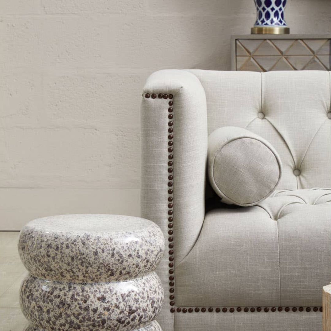 Sorella Stone Fabric Chesterfield 2-Seat Sofa - INSIDE HOUSE