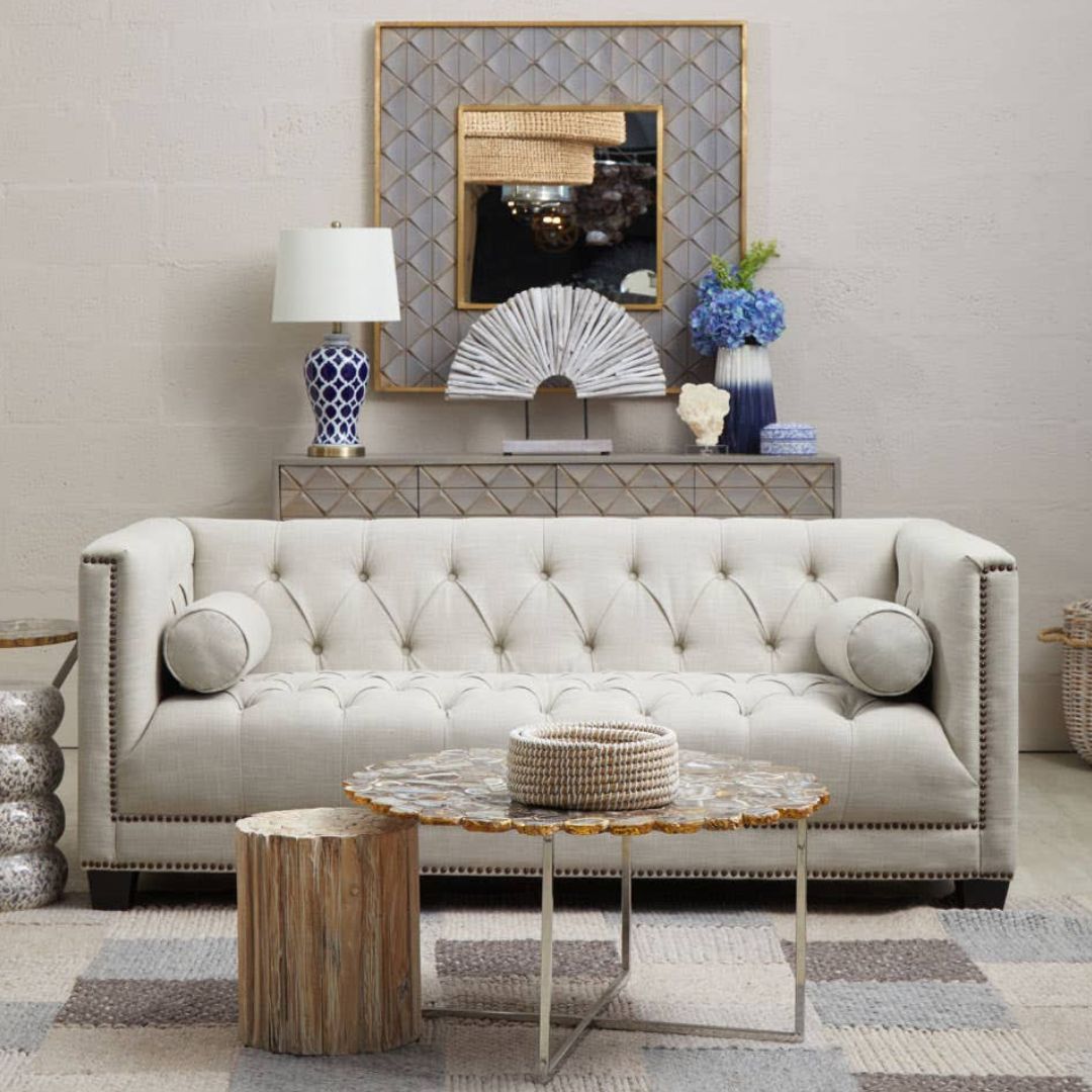 Sorella Stone Fabric Chesterfield 2-Seat Sofa - INSIDE HOUSE