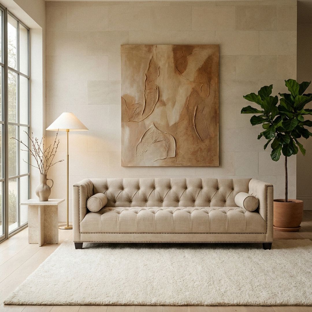 Sorella Stone Fabric Chesterfield 3-Seater Sofa - INSIDE HOUSE