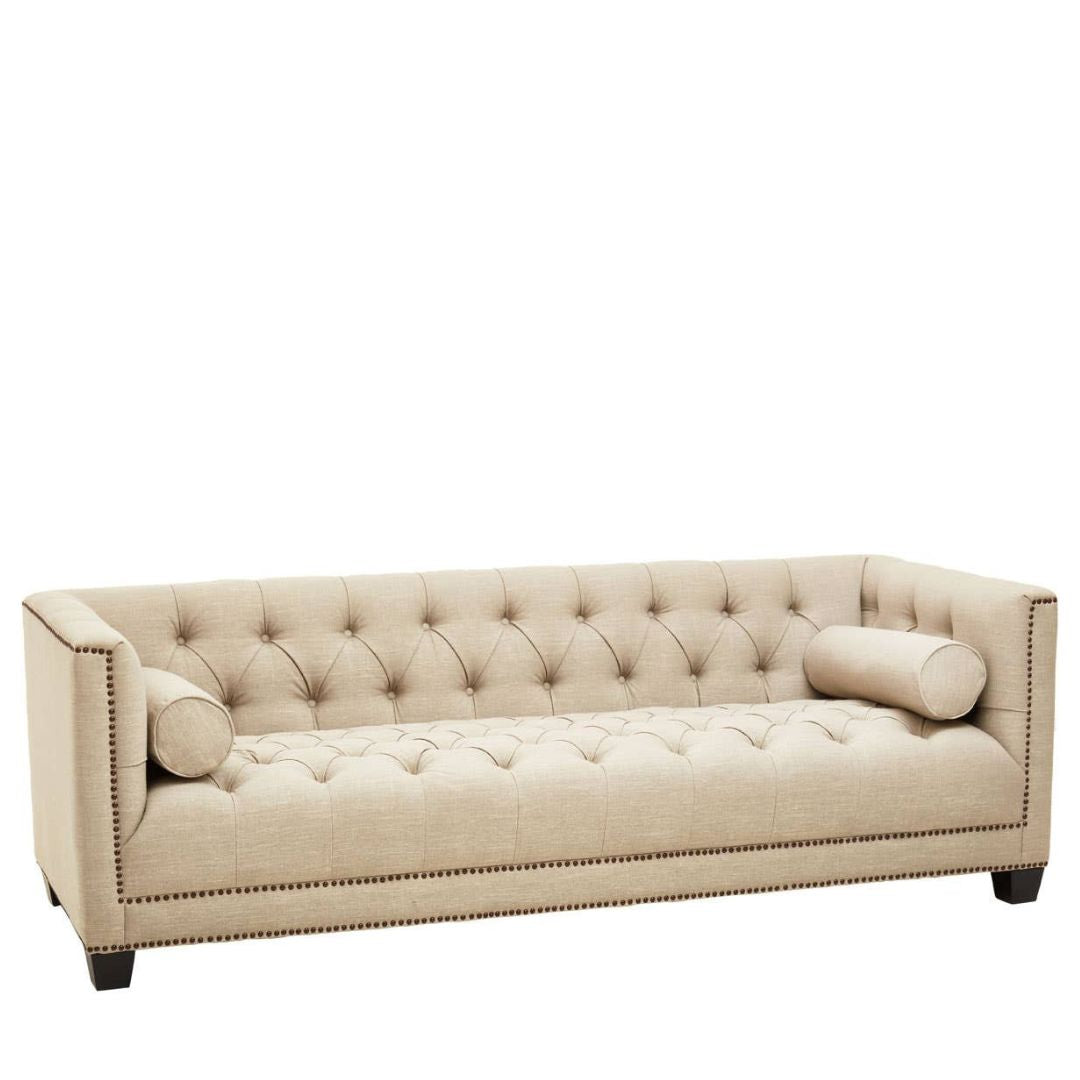 Sorella Stone Fabric Chesterfield 3-Seater Sofa - INSIDE HOUSE