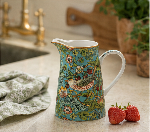 A ceramic pitcher with a William Morris-style floral and bird pattern in turquoise, green, cream, and red, set on a kitchen countertop next to two strawberries.