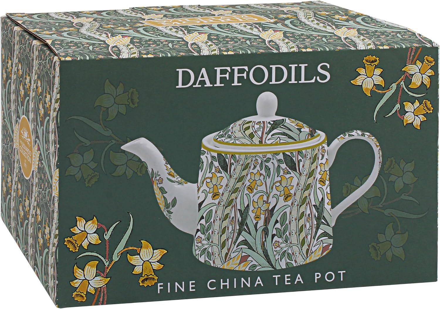 Daffodils Fine China Tea Pot gift box featuring a white porcelain teapot with a green and yellow daffodil pattern, set against a dark green background with floral illustrations.
