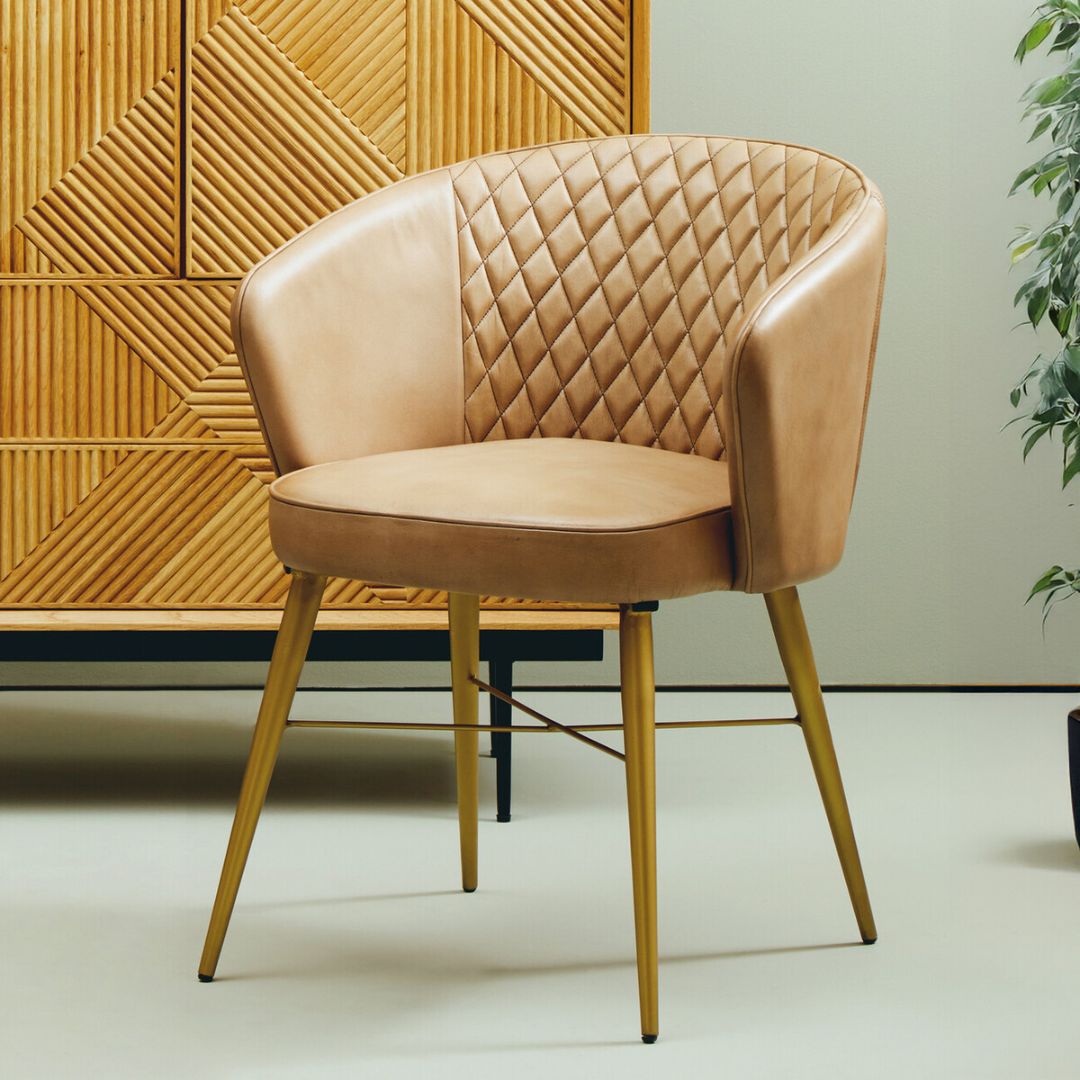 Torin Grey Leather Diamond Dining Chair – Gold Metal Legs