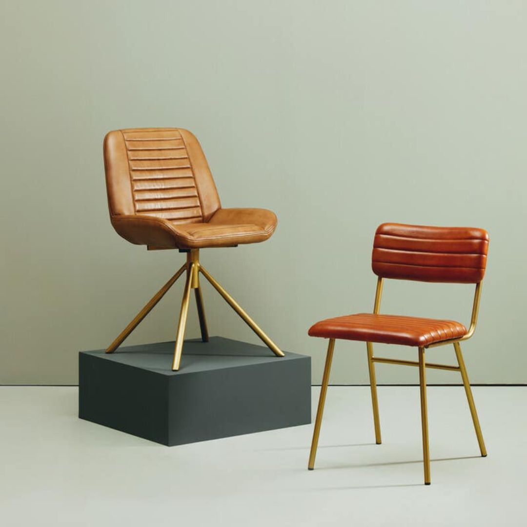 Torin Tan Leather Channel Dining Chair – Gold Metal Frame