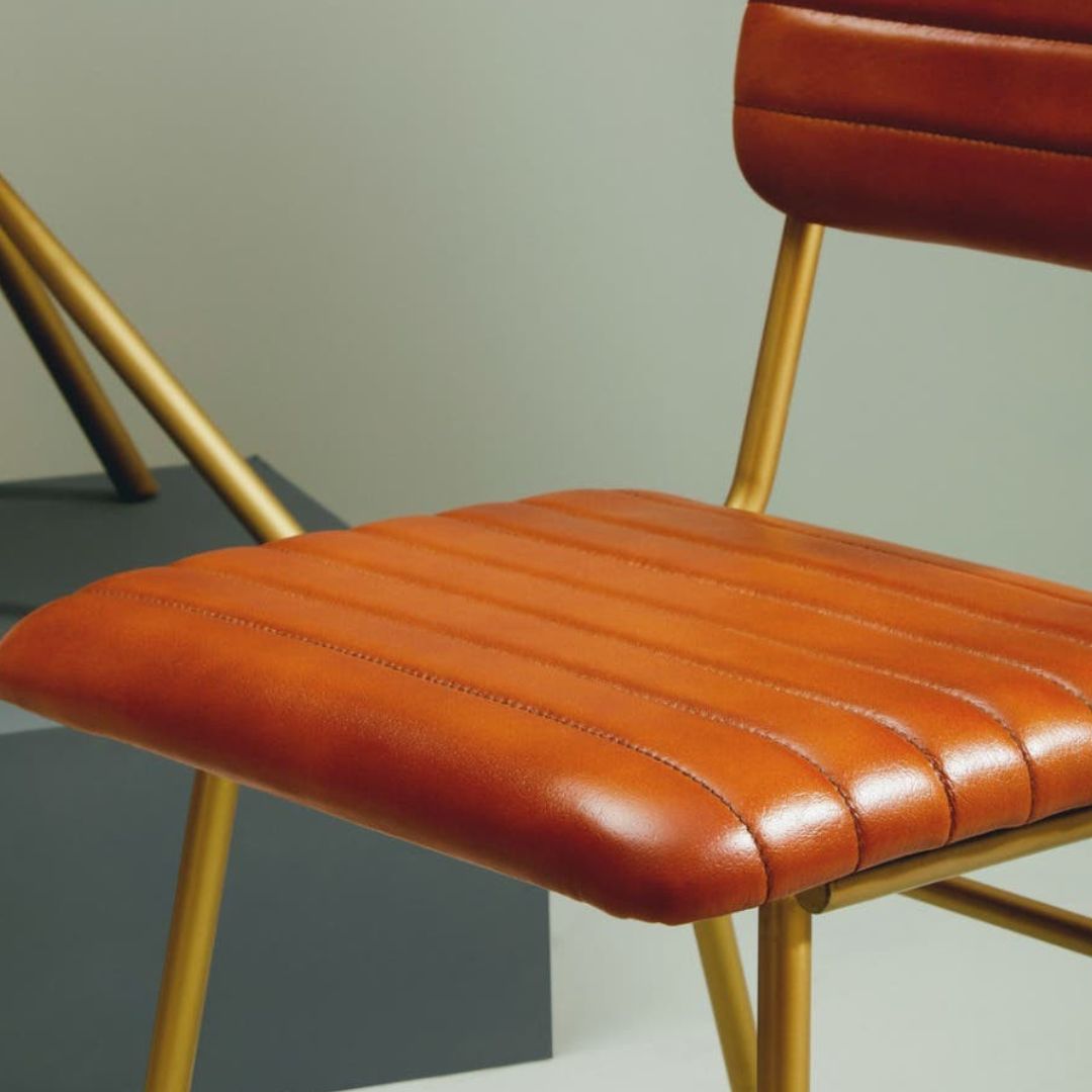 Torin Tan Leather Channel Dining Chair – Gold Metal Frame