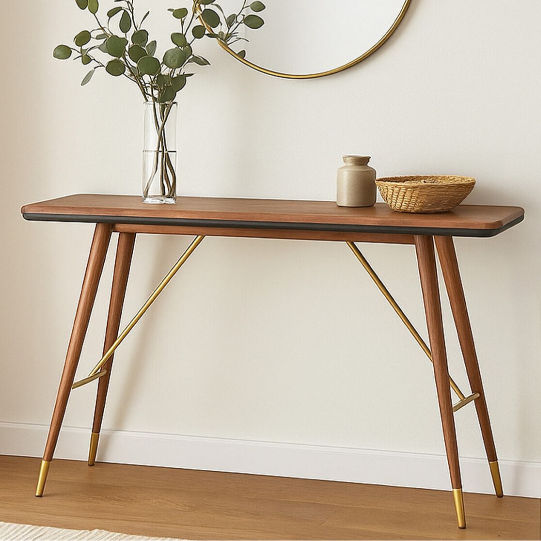 Torino Walnut Console Table – Leather Trim &amp; Brass Detail - INSIDE HOUSE