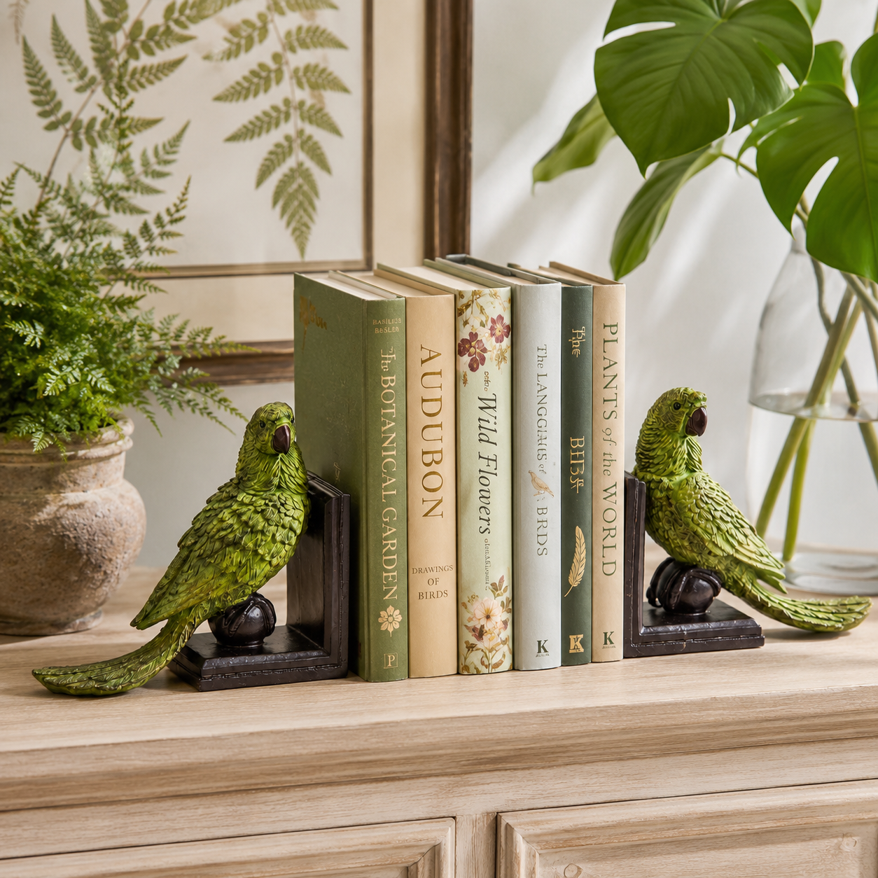 Two green parrot bookends holding a row of decorative books on a light wood console table, with potted plants and framed wall art in the background.