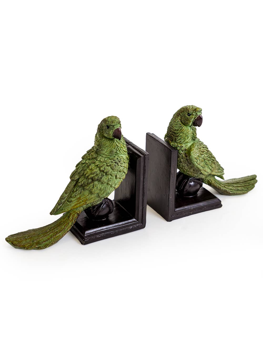 Two green parrot bookends on a white background