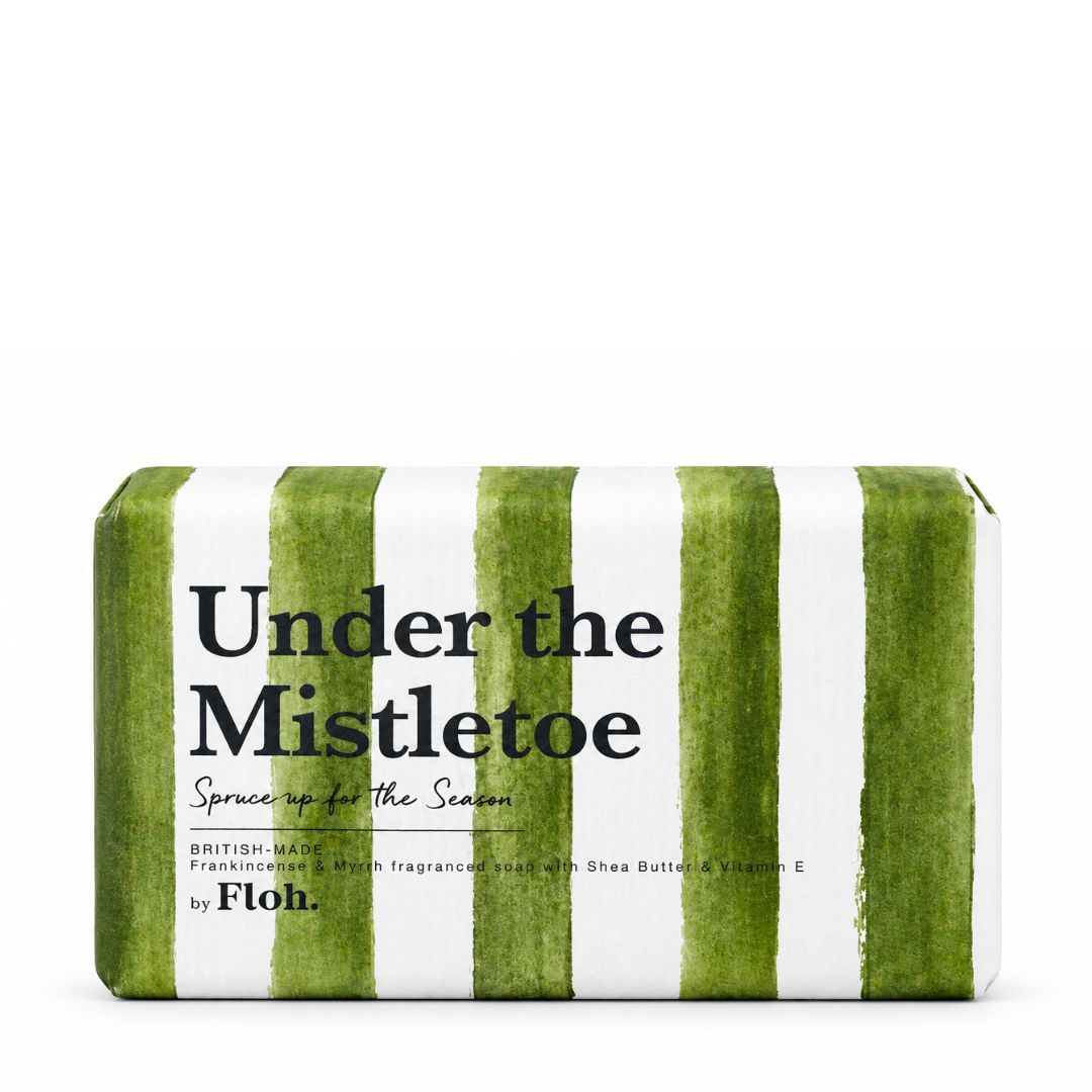 Under the Mistletoe Spruce up for the Season 190g luxury soap bar in green and white striped packaging