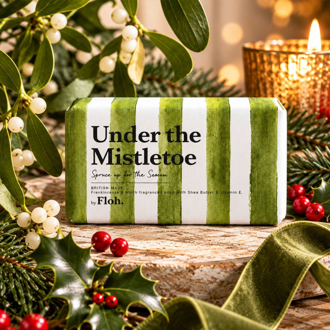 Under the Mistletoe Spruce up for the Season 190g luxury soap bar in green and white striped packaging