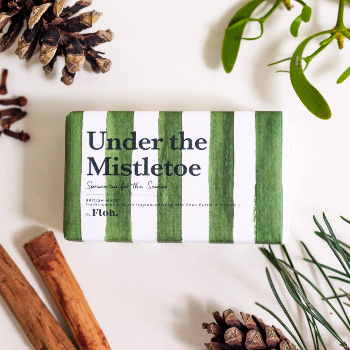 Under the Mistletoe Spruce up for the Season 190g luxury soap bar in green and white striped packaging