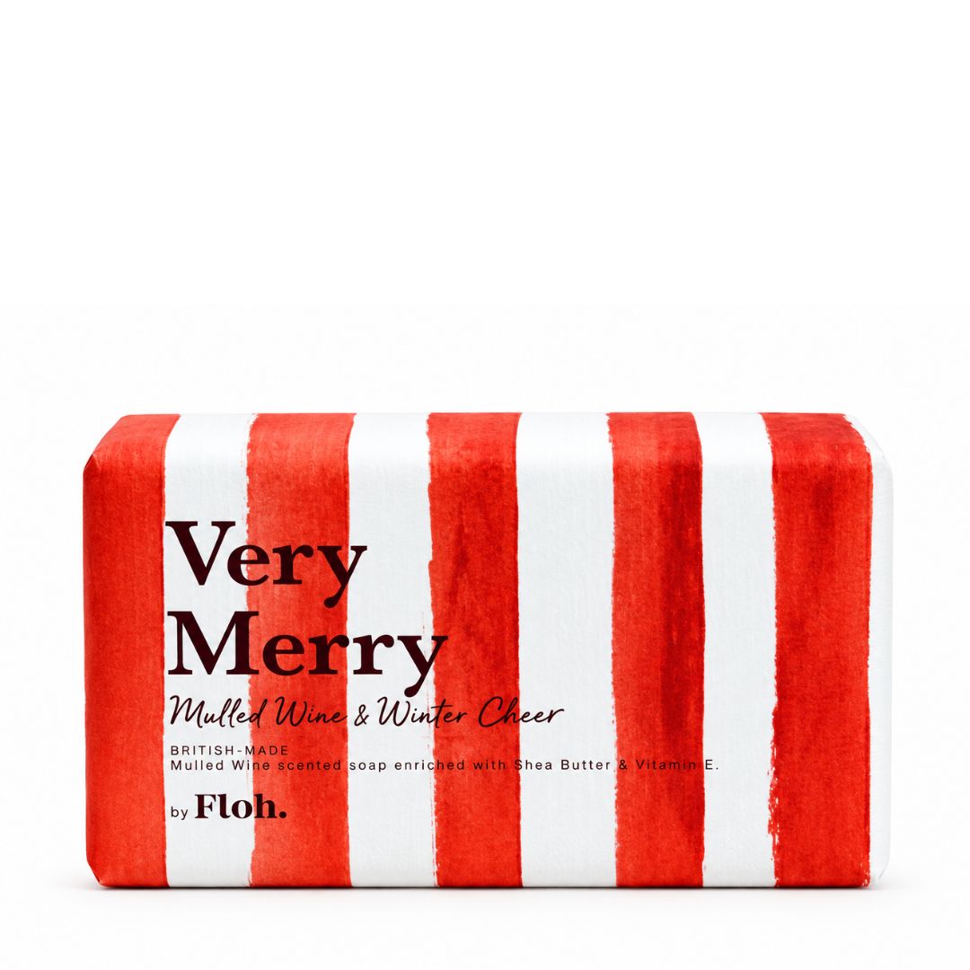 Very Merry Mulled Wine &amp; Winter Cheer 190g luxury soap bar in red and white striped packaging