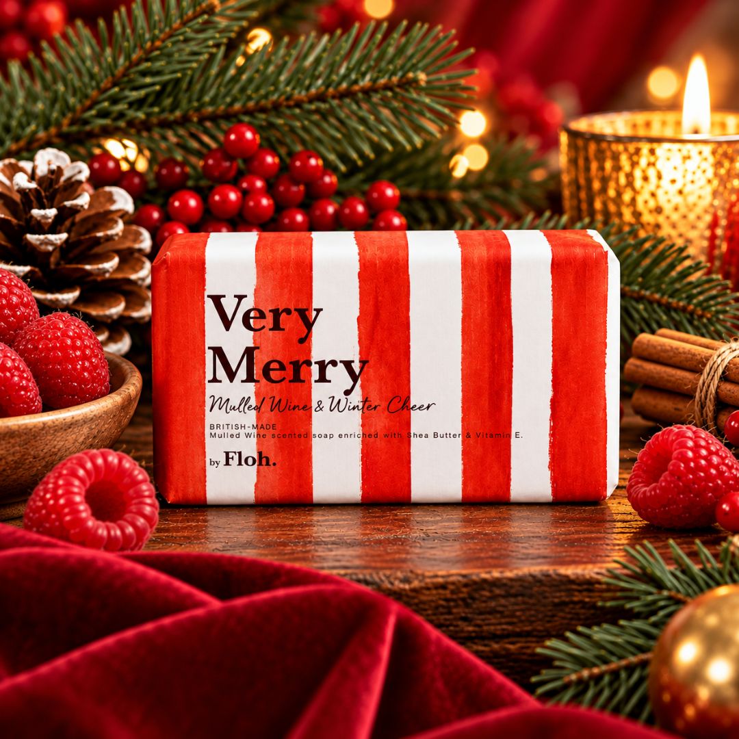 Very Merry Mulled Wine &amp; Winter Cheer 190g luxury soap bar in red and white striped packaging