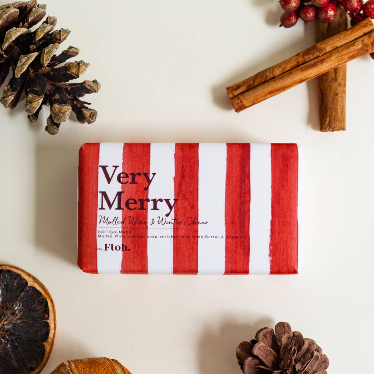 Very Merry Mulled Wine &amp; Winter Cheer 190g luxury soap bar in red and white striped packaging