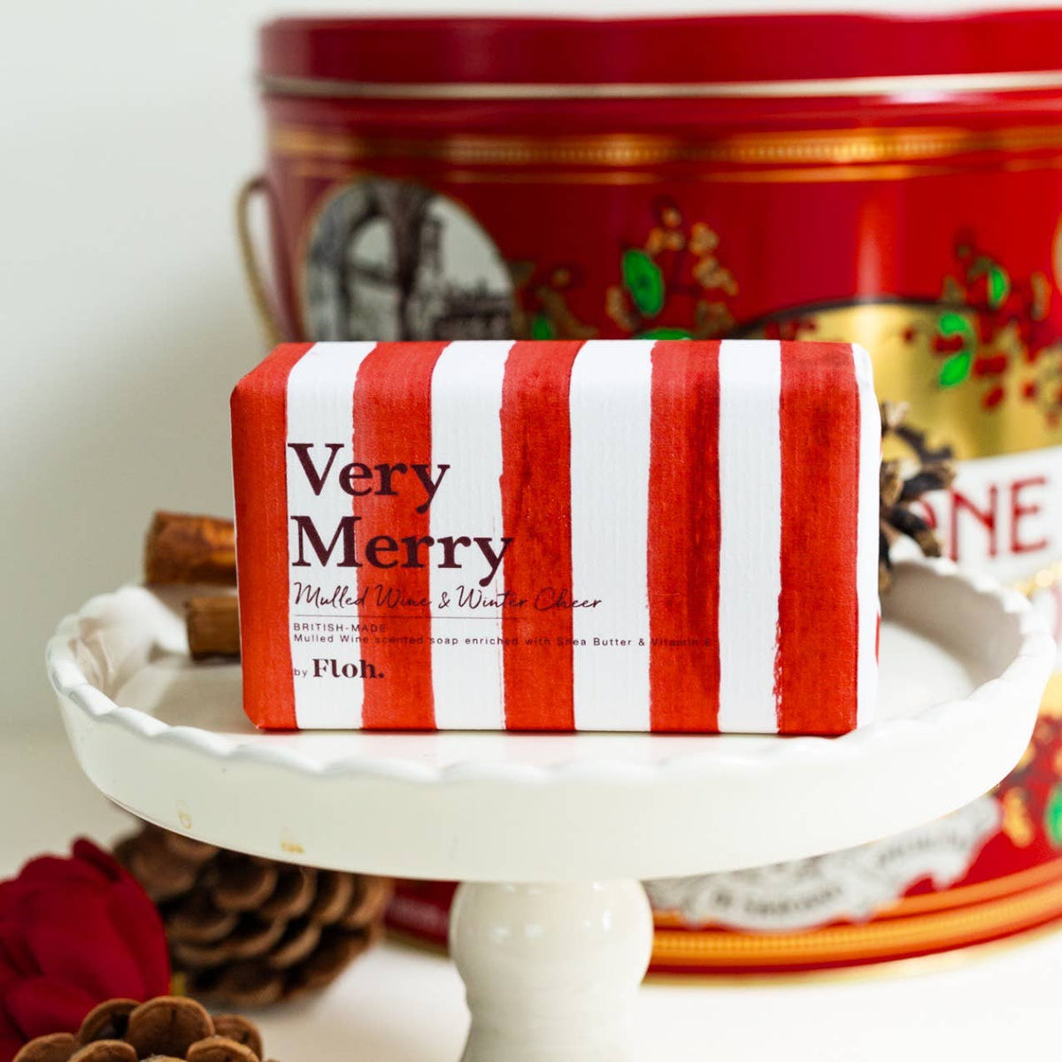 Very Merry Mulled Wine &amp; Winter Cheer 190g luxury soap bar in red and white striped packaging