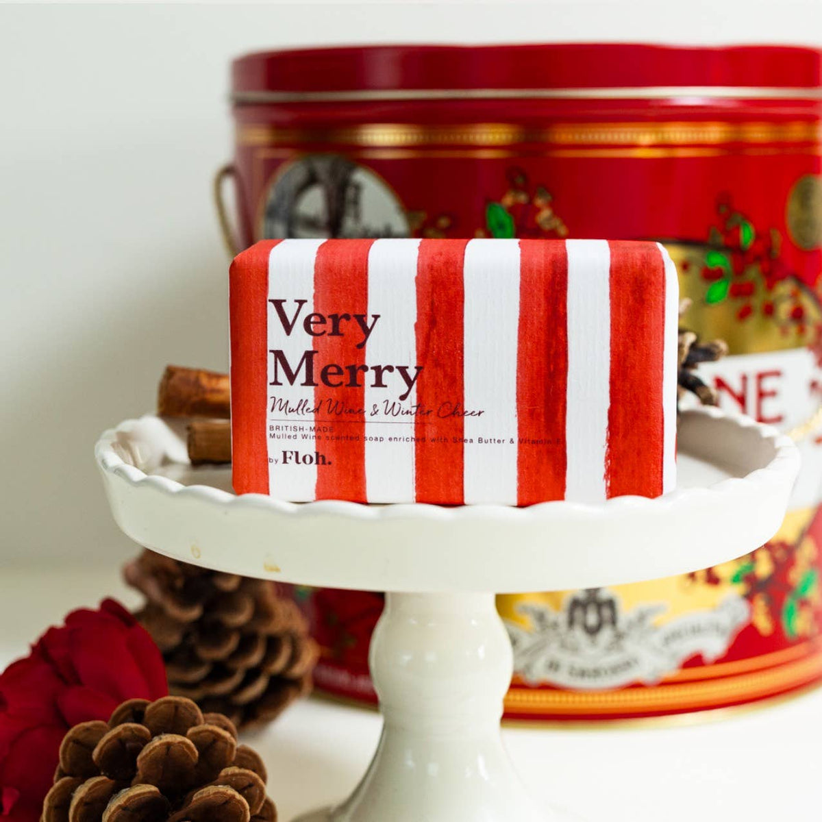 Very Merry Mulled Wine &amp; Winter Cheer 190g luxury soap bar in red and white striped packaging