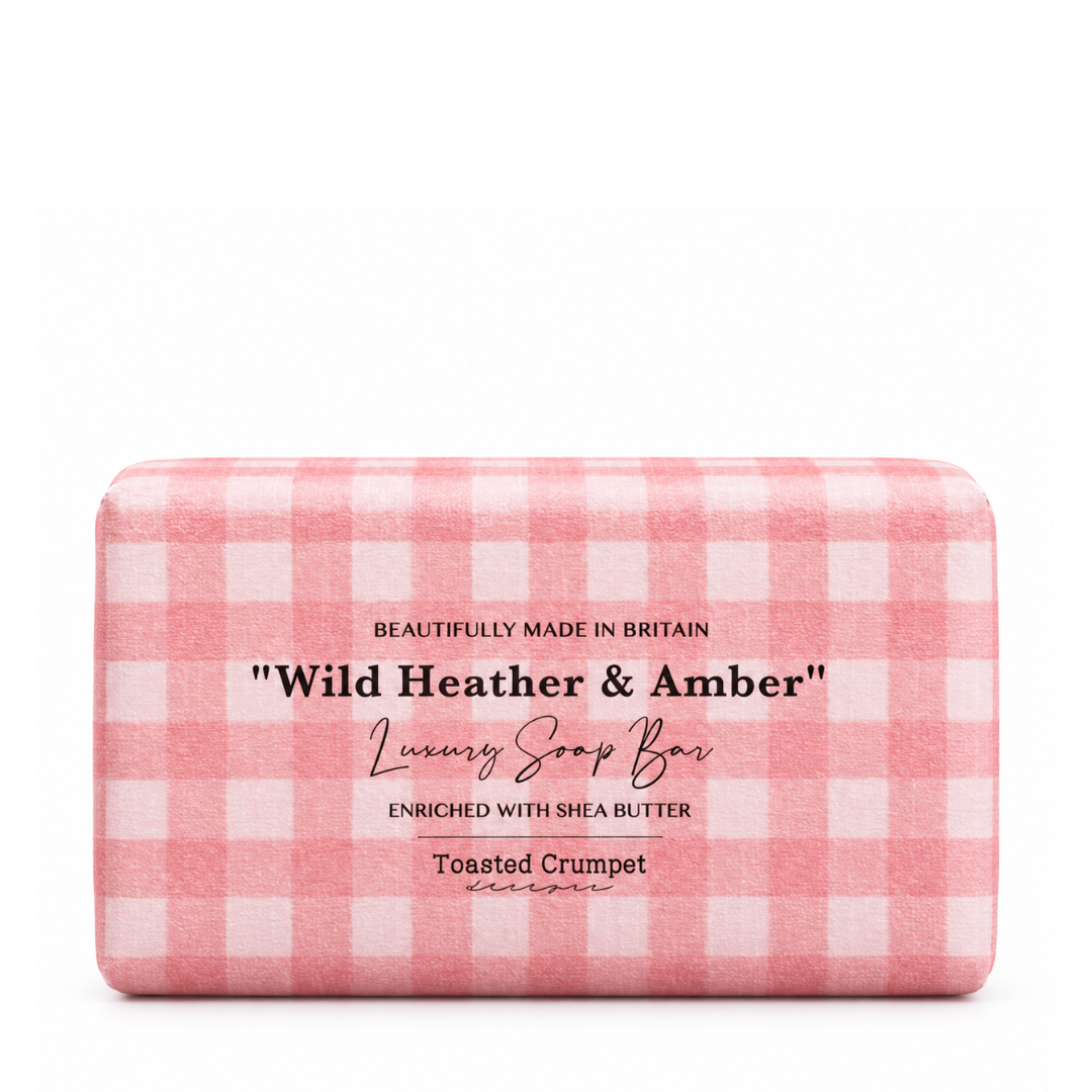 Wild Heather &amp; Amber luxury soap bar in pink gingham packaging