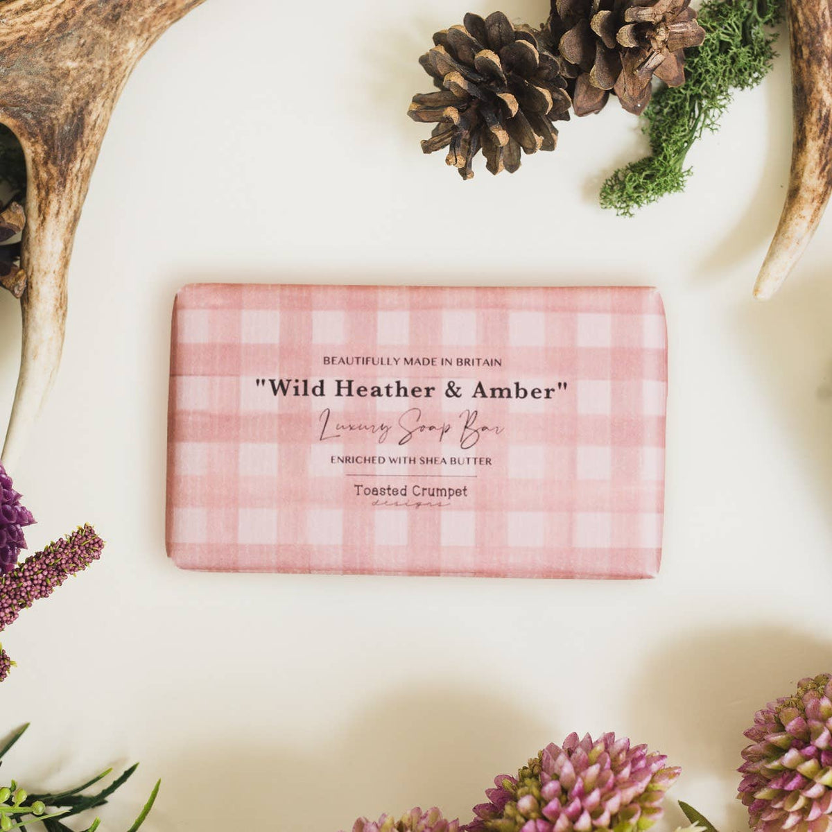 Wild Heather &amp; Amber luxury soap bar in pink gingham packaging