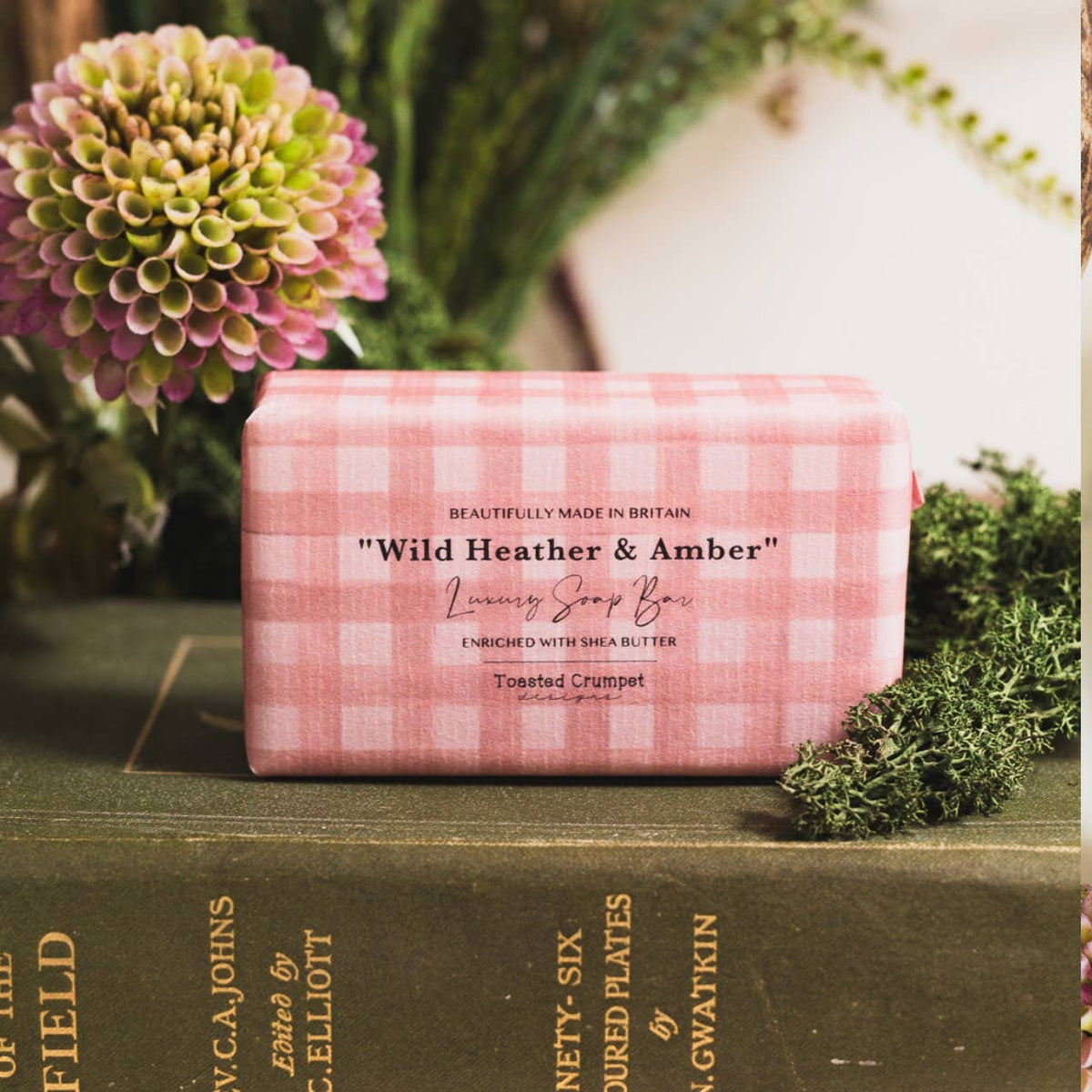 Wild Heather &amp; Amber luxury soap bar in pink gingham packaging