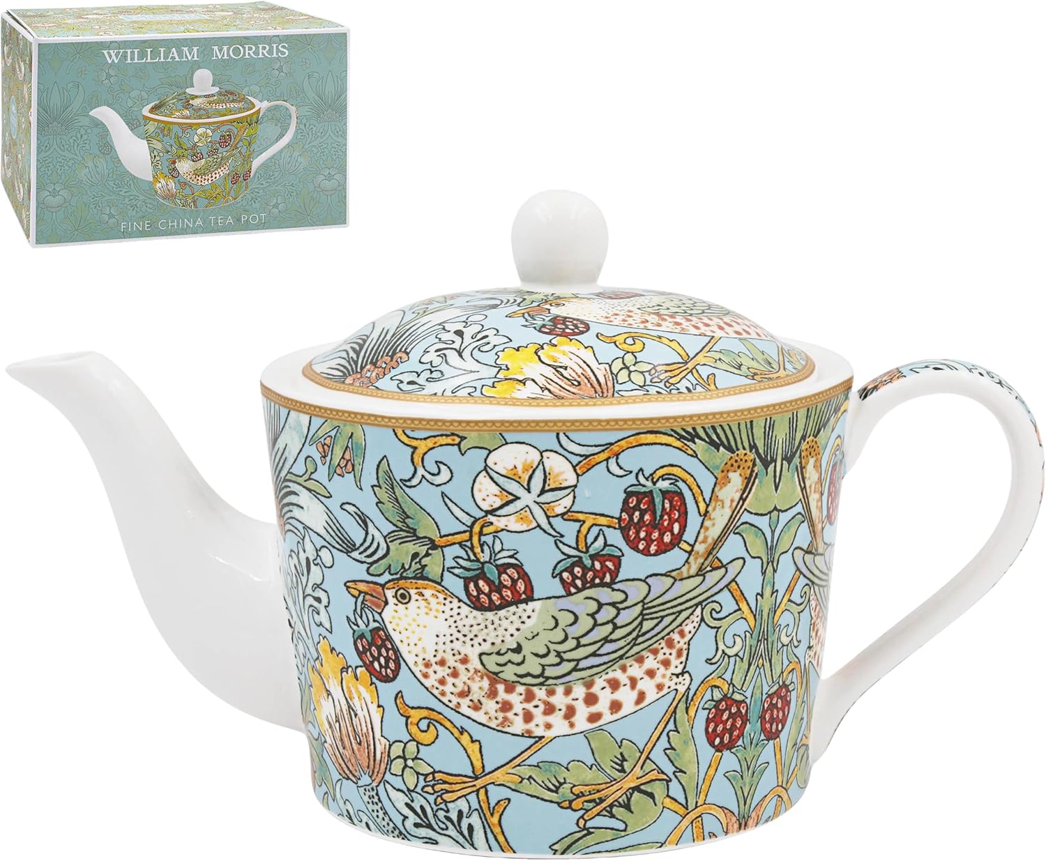 William Morris The Chivvy Tea Pot teapot with its original box, featuring a light blue background with a detailed illustration of a bird, berries, and foliage, alongside a white ceramic spout and handle.