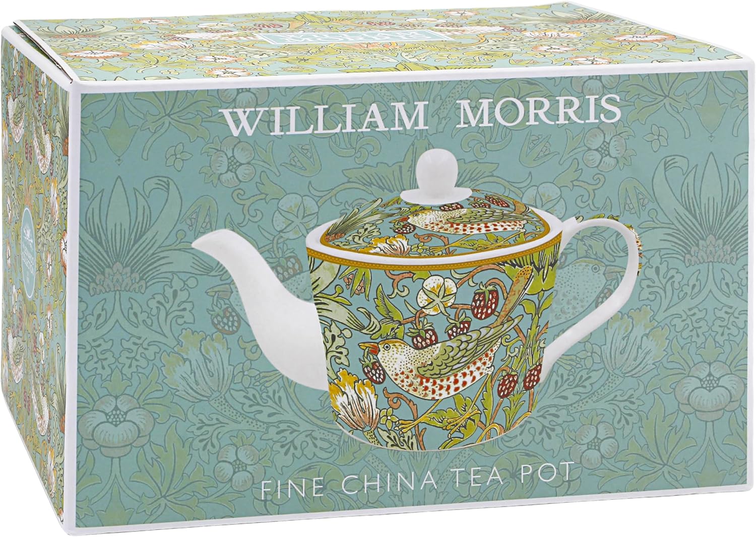 William Morris Fine China Tea Pot gift set in its original patterned packaging box, featuring a detailed illustration of the teapot on a light blue-green background with botanical motifs.