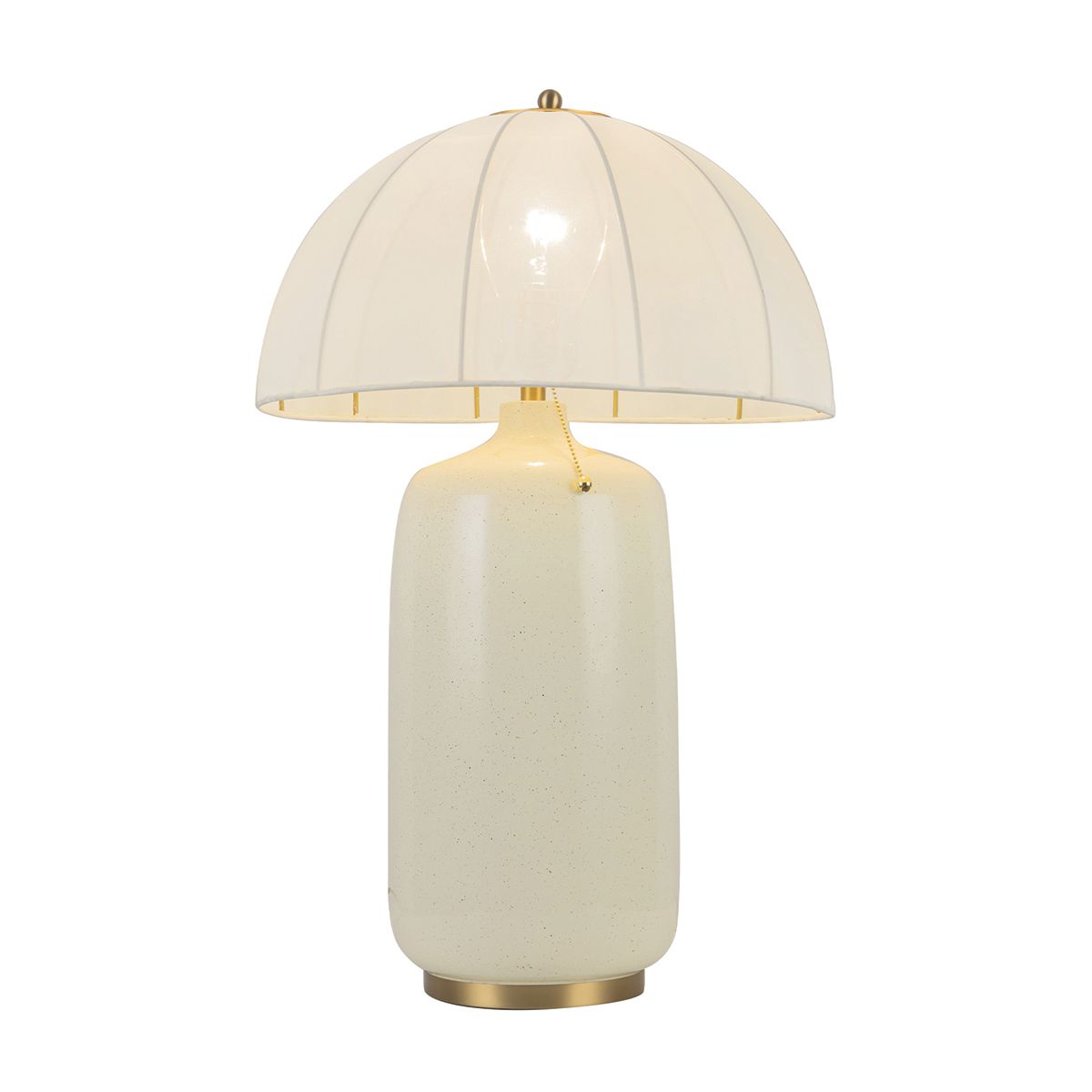 Table lamp with a white shade and gold base on a white background