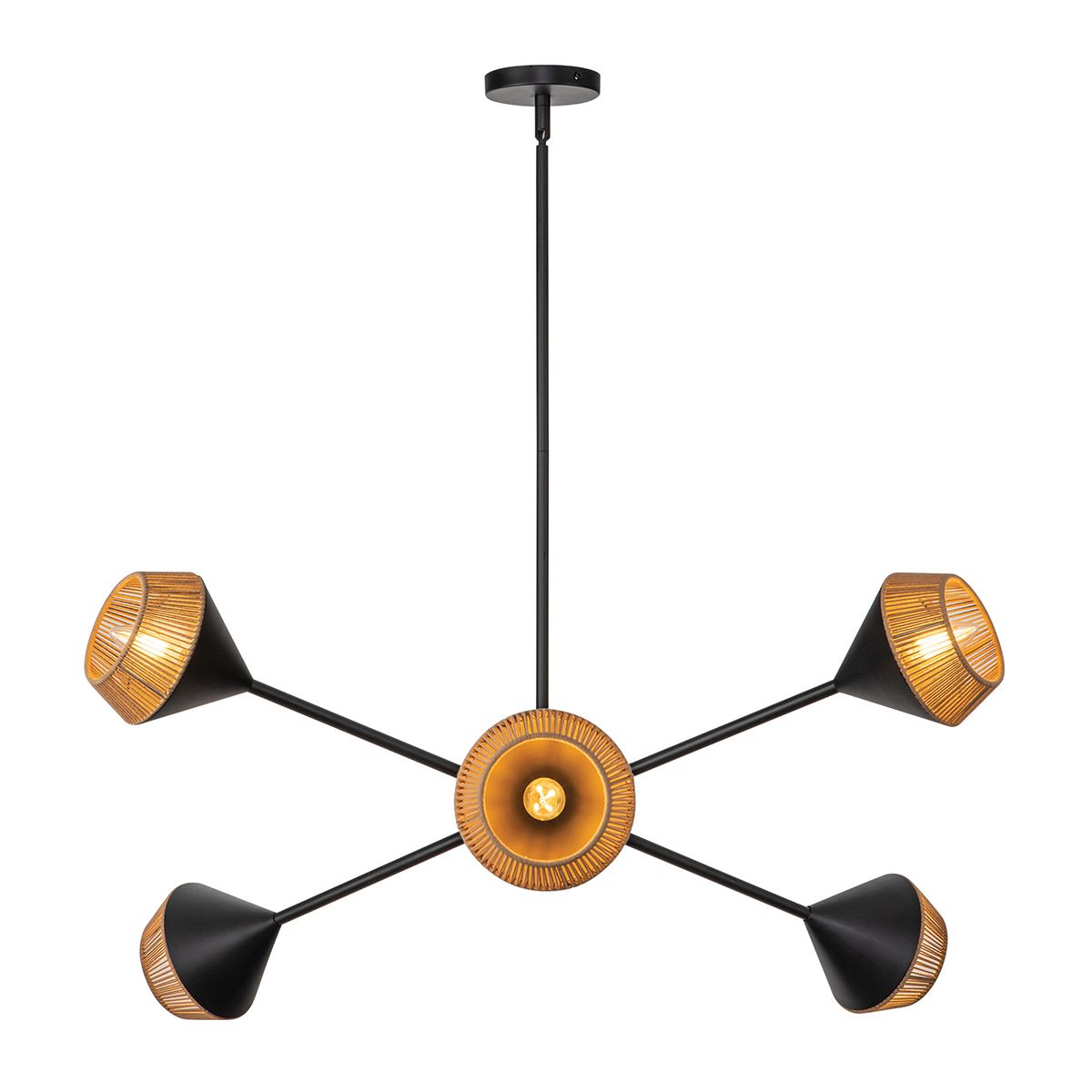 Modern chandelier with black and gold design on a white background