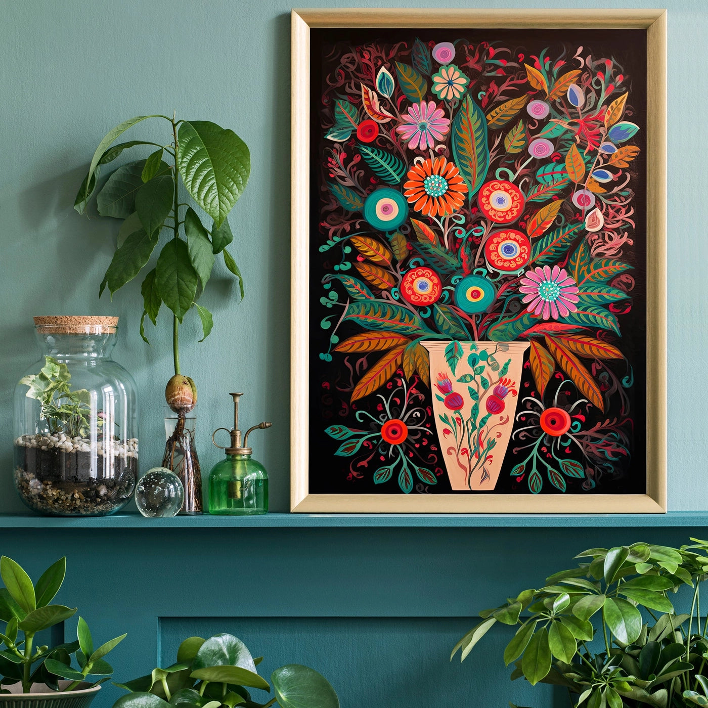 Folk Art Style Flowers Dark Print - INSIDE HOUSE
