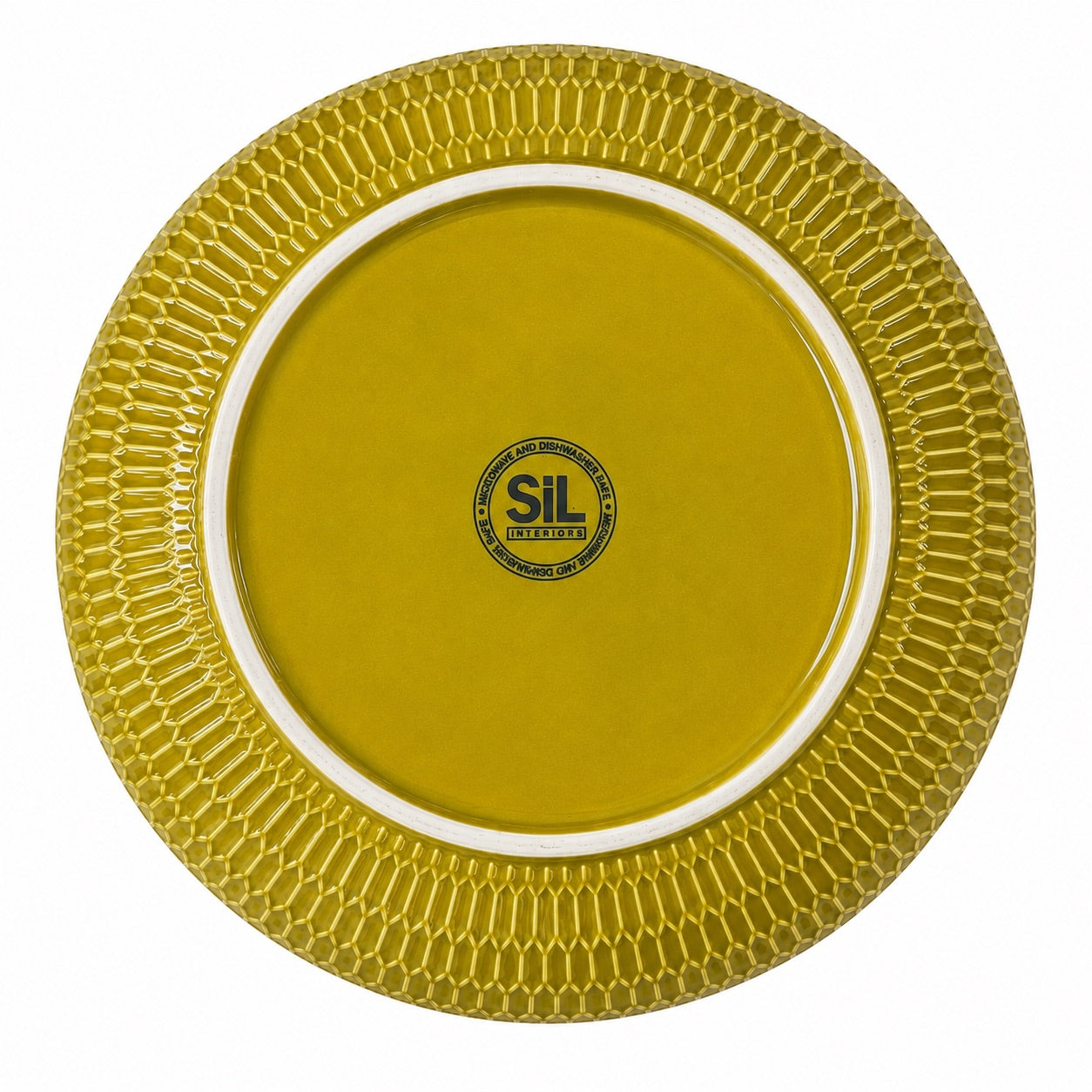 A round yellow plate with a textured, patterned rim and a central black circular logo that reads 'SIL Silverware'.