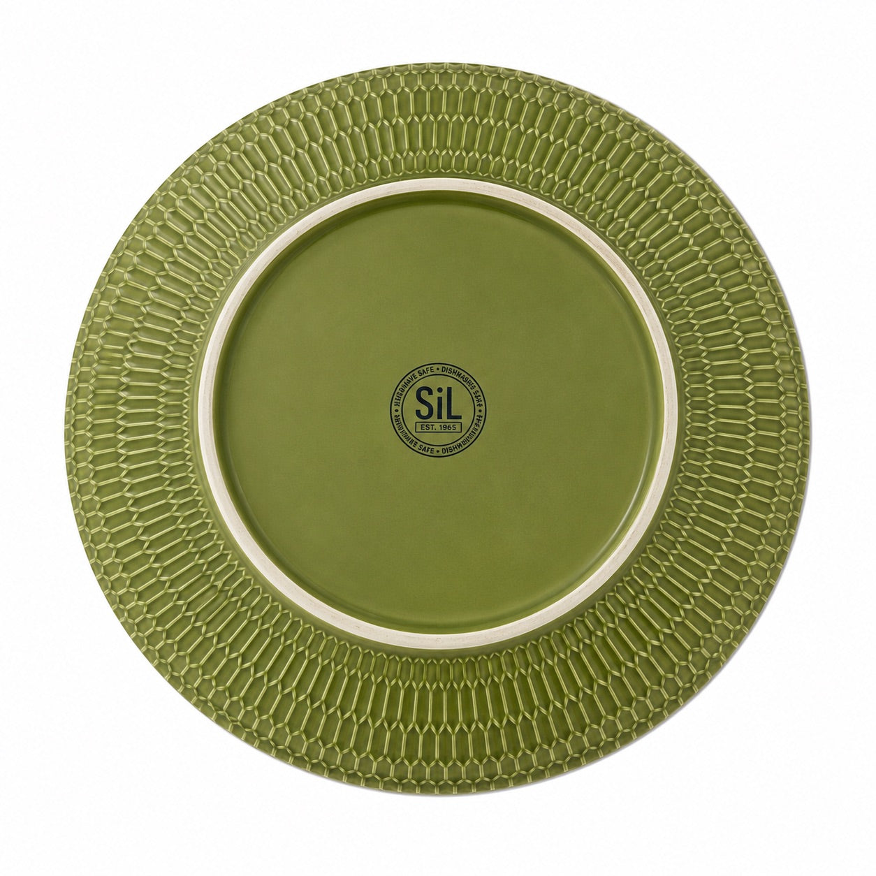 An olive green ceramic plate with a textured, patterned rim and a central circular logo that reads 'SiL Ceramics', shown from a top-down view on a white background.