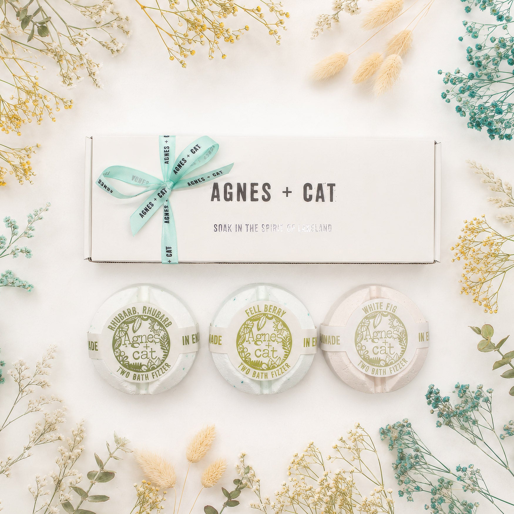 Three bath bombs with 'Agnes + Cat' branding on a light background with decorative plants.