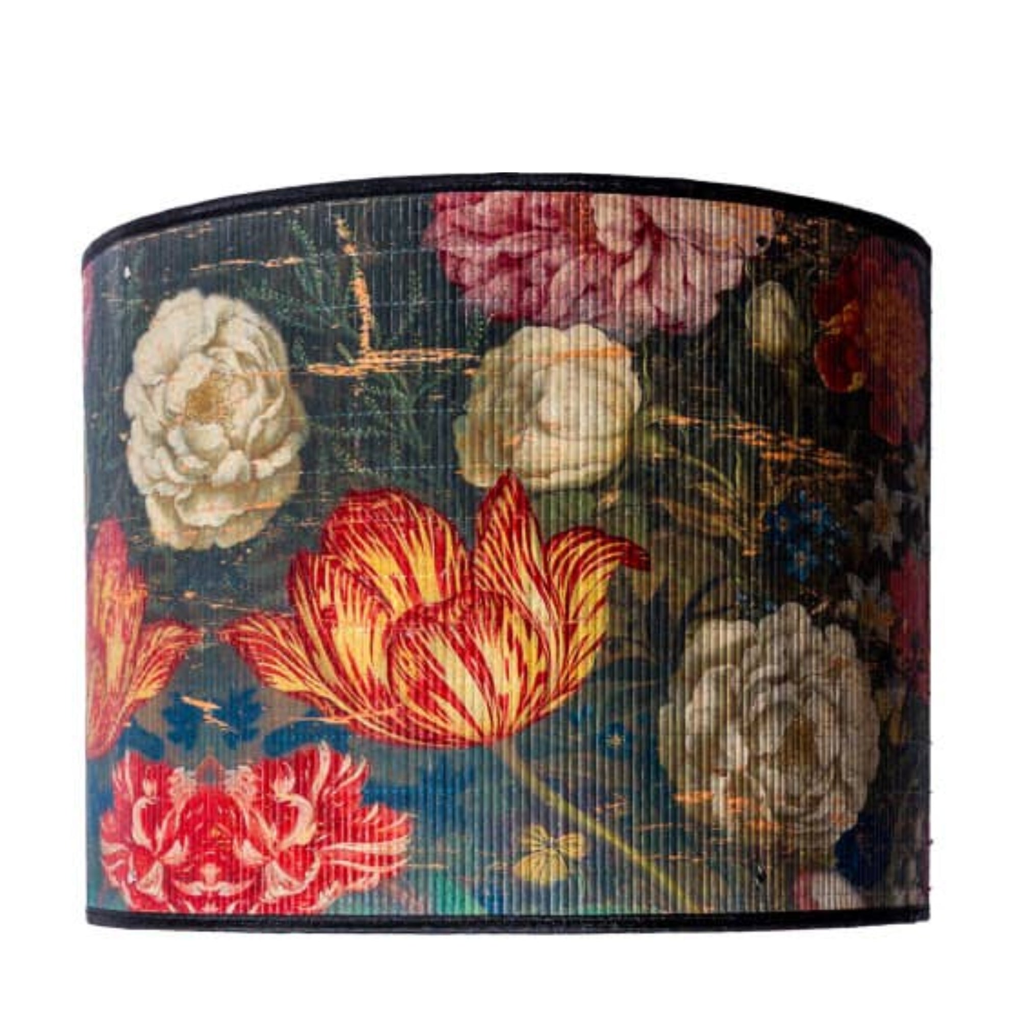 Floral patterned lampshade with colorful flowers on a dark background