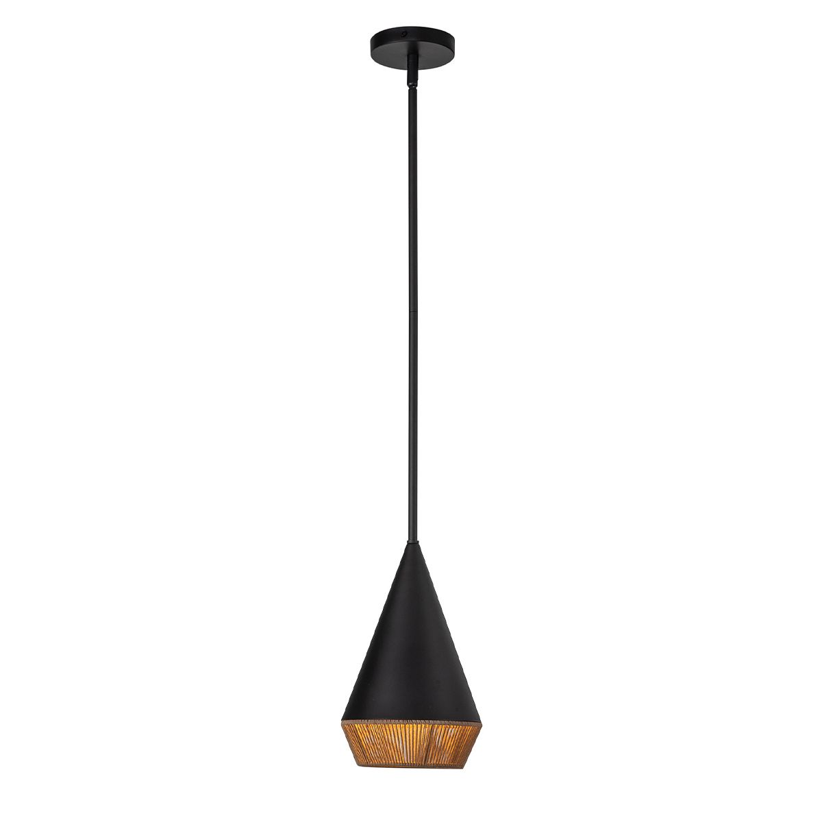 Black pendant light with wooden interior on a white background
