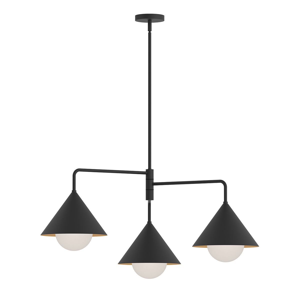 Black three-arm chandelier with white bulbs on a white background