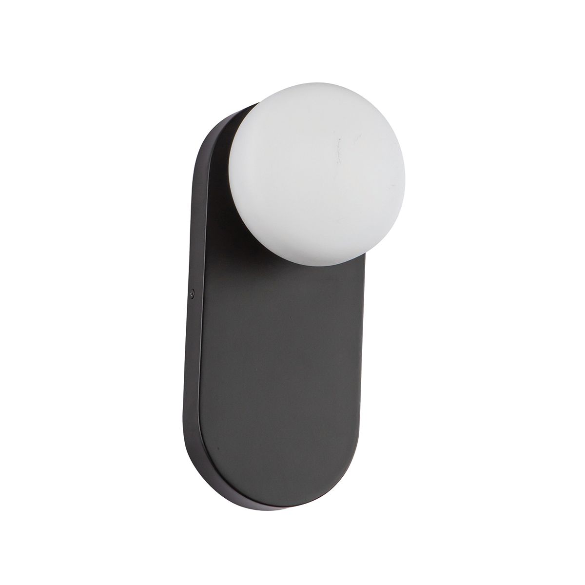 Modern wall light fixture with a black base and white spherical shade on a white background